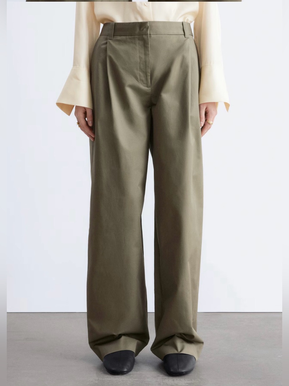 & Other Stories Olive Green Pleated Straight-Leg Cotton Trousers Size 4